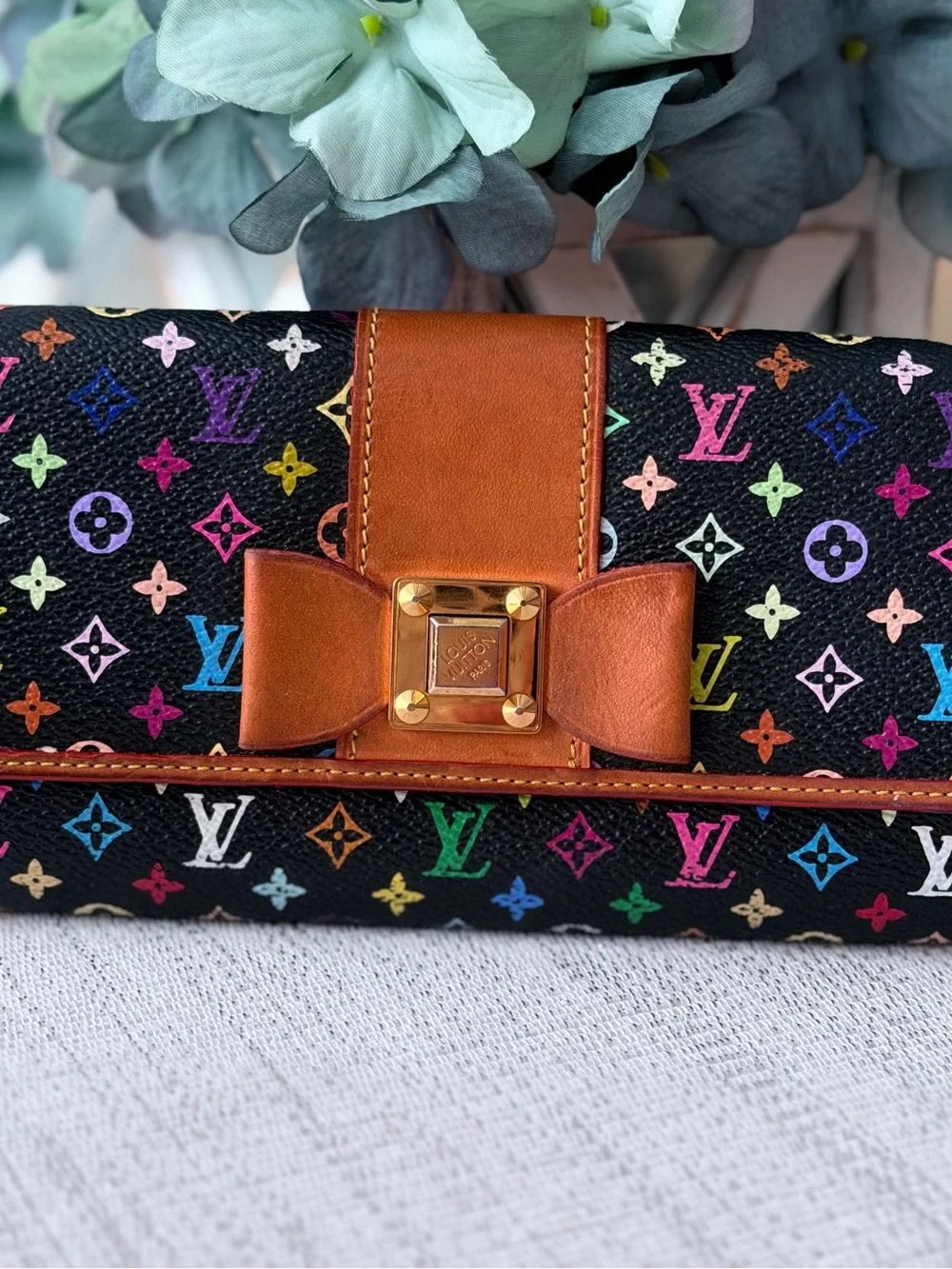 Louis Vuitton Black Multicolor Monogram Sarah Noeud Wallet with Bow leather Trim